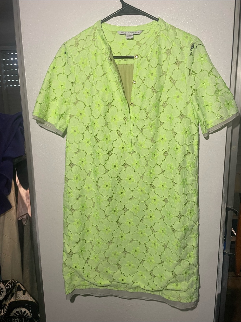 Diane Von Furstenberg Neon Lime Floral Lace Midi Dress